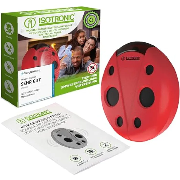 ISOTRONIC Mäusevertreiber mit Ultraschall gegen Mäuse & Ratten – batteriebetriebener Mäuseschreck für Garten, Haus, Keller, Dachböden, Garagen UVM. – tierschonend & sicher – 30 m² Wirkungsbereich