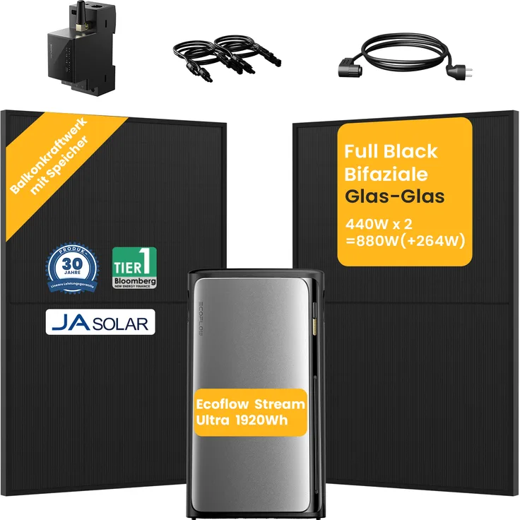 EcoFlow STREAM Ultra Balkonkraftwerk mit 1920Wh Speicher, 880W JaSolar Solarmodule, Smarter Zähler, IP65 Schutzklasse, All-in-One Design, LFP-Batterietechnologie