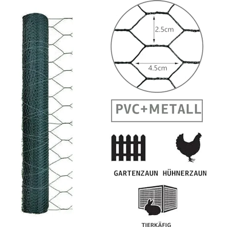 VOUNOT Drahtzaun Sechskantgeflecht, Maschendrahtzaun, PVC-Beschichtet Grün 1x25m, Maschenweite 25mm – Bild 7