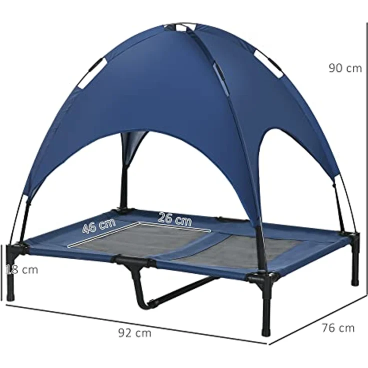 PawHut Haustierbett mit Baldachin, Erhöhtes Hundebett, Hundeliege Outdoor mit Dach, Atmungsaktiv, Taftstoff Dunkelblau 92 x 76 x 90 cm – Bild 3