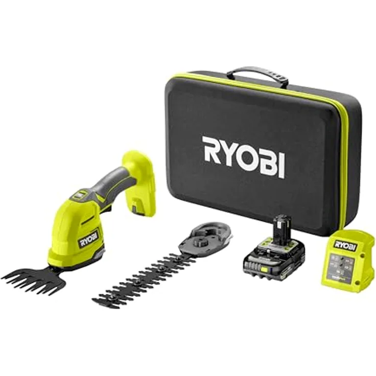 RYOBI 18 V ONE+ Akku-Gras- und Strauchschere RY18GSA-120T, inkl. 18 V 2,0 Ah Lithium+ Akku, Ladegerät und Tasche, mehrfarbig