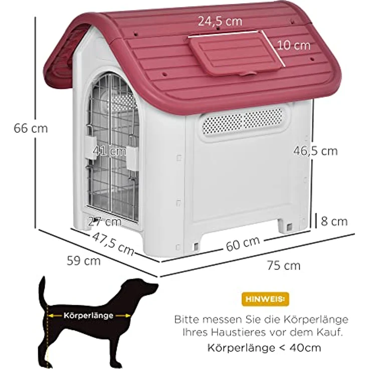 PawHut Hundehütte Outdoor Hundehaus mit Dachluke Tor Unterschlupf für kleine Hunde Kleintierstall Luftzirkulation wasserdicht Metall PP Rot+Hellgrau 59 x 75 x 66 cm – Bild 3