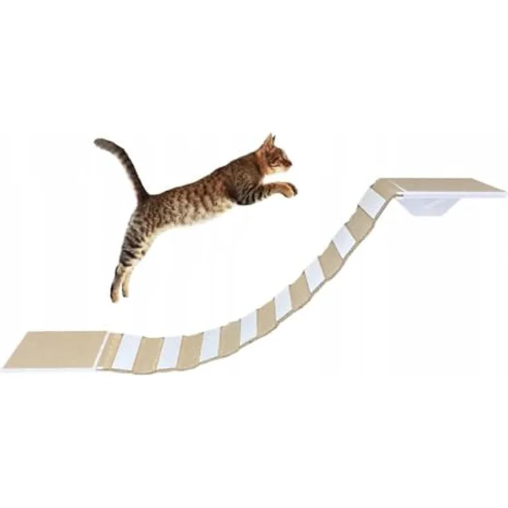 QLS Katzenbrücke mit 2 Katzenliegen Set 130 cm rutschfest Wandbefestigung aus Holz (Weiß Beige) - Austauschbare Teppiche, Sisal Seiten, stabilisiert und fördert den Mut