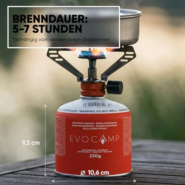 EVOCAMP 1X Gaskartusche 230g mit Schraubventil, EN417 Schraubkartusche für Campingkocher und Gaslampen, Butan-Propan-Gemisch, Sicherheitsventil, Ø 10,6 cm – Bild 3