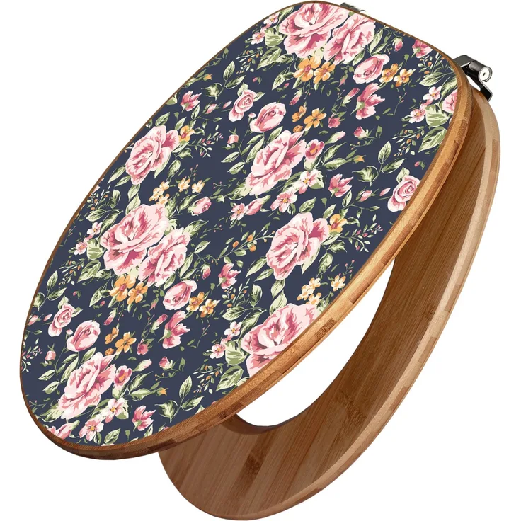 Banjado Bambus WC-Sitz, Toilettendeckel mit Rosenmotiv auf Anthrazit, Universal Scharniere, 44cm x 38cm, robustes Holz