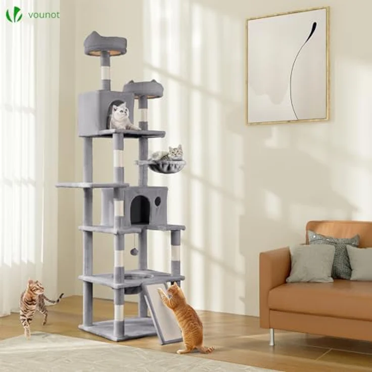 VOUNOT XXL Katzenbaum 215cm, Stabiler Katzenkratzbaum mit Korb Hängematte, Plüschbälle, Dicke Stämme - Beige - Preisvergleich – Bild 2