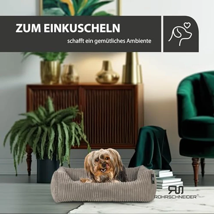 Rohrschneider Hundebett | für kleine Hunde | mit Hundekissen Cord | waschbarer Bezug | inkl. Futternapf (Taupe, 55 x 42 cm) – Bild 5