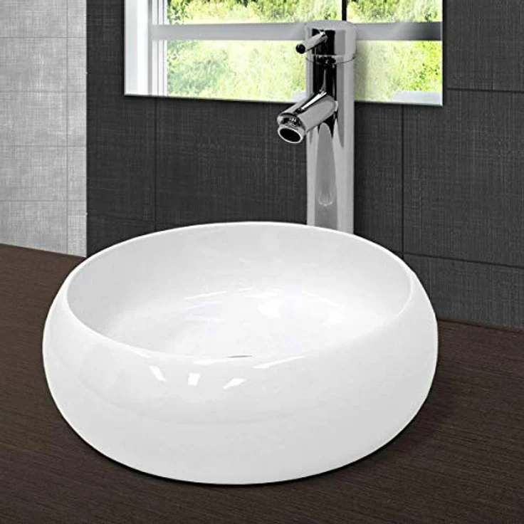 ECD Germany Waschbecken Waschtisch Ø 400 x 350 mm Keramik Rund Weiß inkl. Ablaufgarnitur für Waschbecken ohne Überlauf Aufsatzbecken Aufsatzwaschbecken Aufsatzwaschtisch Waschschale Spülbecken Becken – Bild 5