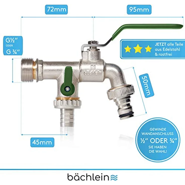 Bächlein Universal Doppel Auslaufhahn für den Garten [grün] inkl. 2 Schlauchanschlüssen - edler Doppelwasserhahn mit 1/2 und 3/4 Zoll Anschluss, Doppel Kugel-Auslaufventil – Bild 4