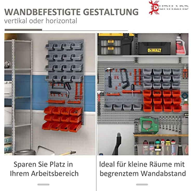 DURHAND Wandregal mit 44 tlg. Stapelboxen, Werkzeuglochwand und Werkzeughalter in Rot, 54x22x95 cm, belastbar bis 30 kg – Bild 3