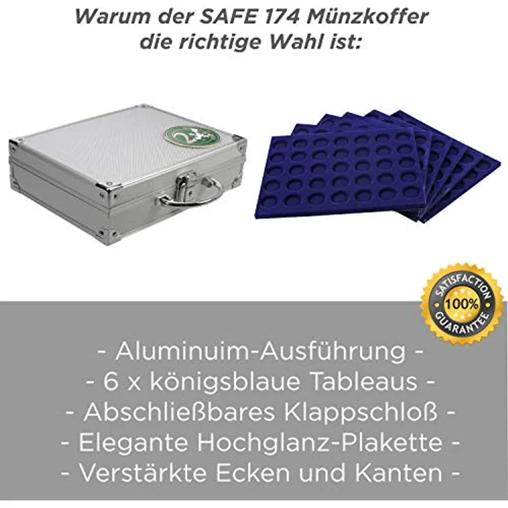Schwäbische Albumfabrik Geldkassette, Alu-Münzkoffer für 2-Euro-Münzen mit blauem Velours, Metall-Ecken und eleganter Tragegriff, abschließbar – Bild 4