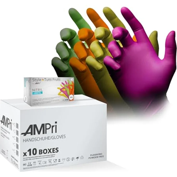 AMPRI Nitrilhandschuhe, Style tutti frutti, bunt, 10 Boxen à 96 Stück, Größe M, puderfrei, reißfest und hautfreundlich – Bild 1