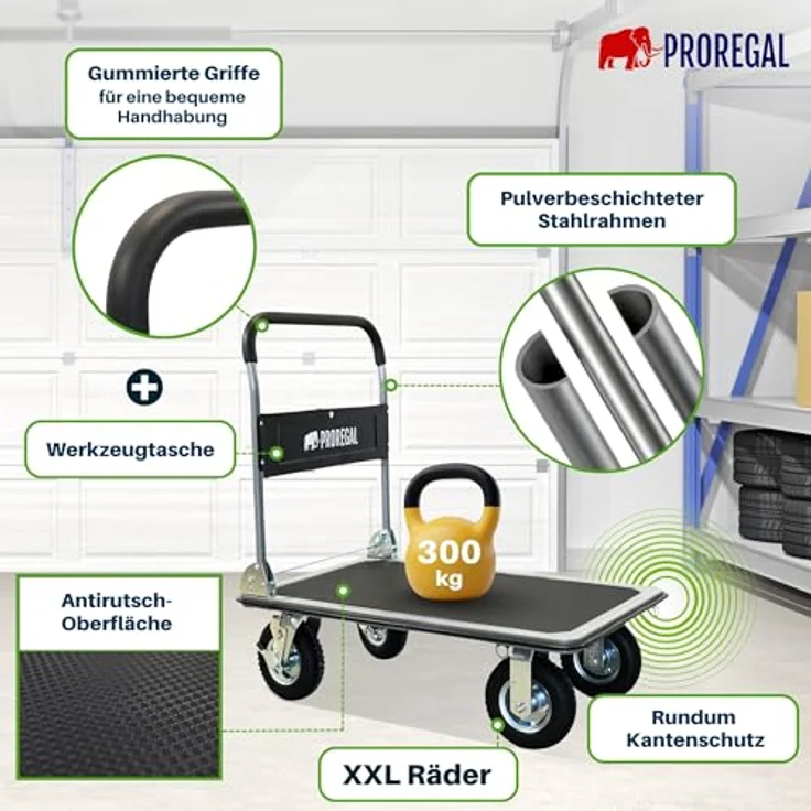 PROREGAL® Transportwagen RHINO 300, Klappbarer Profi-Transportwagen mit 2x 360° Lenkrollen, 2x Bockrollen & Feststellbremse, Traglast bis 300 kg, rutschfeste Ladefläche 78x60 cm – Bild 2