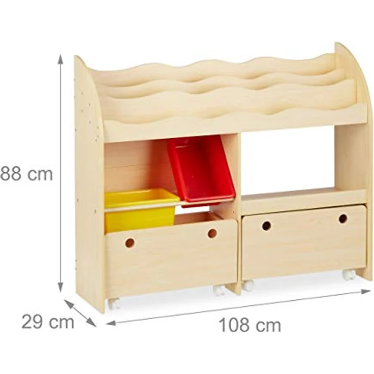 Relaxdays Kinderregal, Spielzeug Aufbewahrung, Kunststoff Boxen, Bücherregal, MDF, HxBxT: 88 x 108 x 29 cm, Holzoptik, Beige – Bild 4