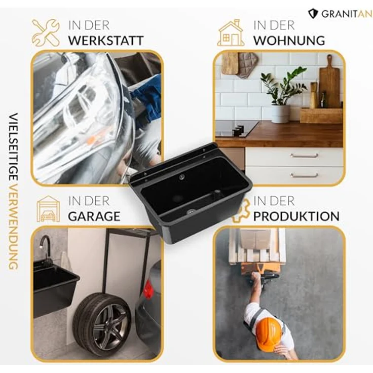 Granitan Einbauspüle LUX Ausgussbecken für Garage Keller Werkstatt und Waschküche, Waschbecken - Robuste Kunststoffspüle mit Siphon und Flex-Hahn, ideal für Innen- und Außenbereich – Bild 6