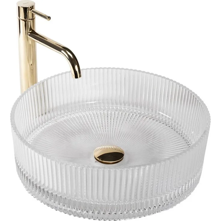 wohnwerk.idee Aufsatzwaschbecken Glaswaschbecken Ingrid Ø39,5 Schwarz Grau Weiß rund, modernes Design mit gerippter Oberfläche und luxuriösem goldfarbenen Wasserhahn