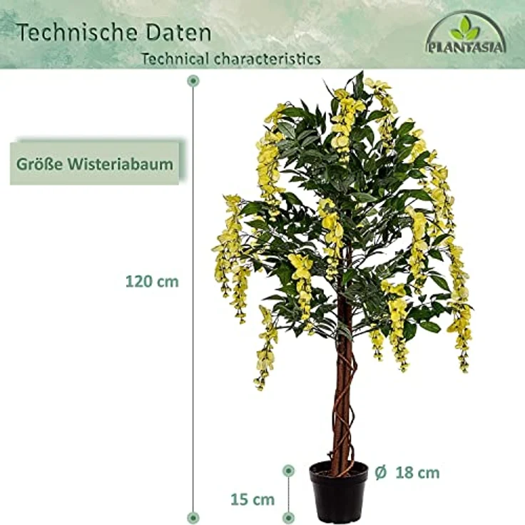 PLANTASIA Kunstpflanze Wisteria Baum Pink 120 cm, künstlicher Wisteria mit 756 Blättern und 24 Blütenranken – Bild 4