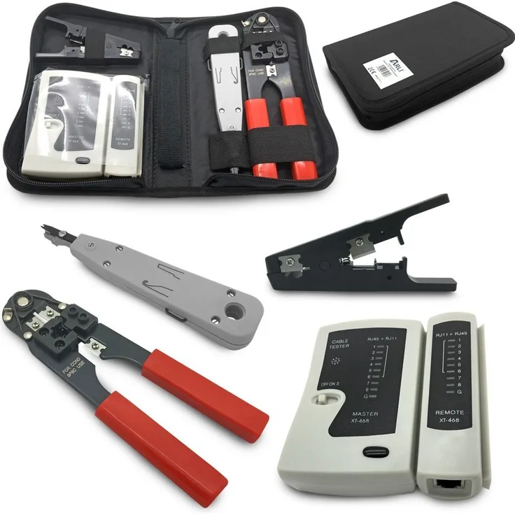 ARLI Crimpzange Werkzeug Set für Netzwerk und Telefoninstallation, 5-tlg., RJ45 Crimpzange, LSA Anlegewerkzeug, Tester, Abisolierer, inkl. Werkzeugtasche