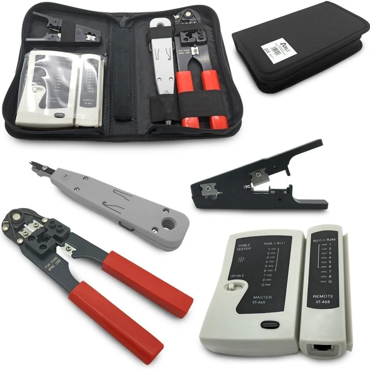 ARLI Crimpzange Werkzeug Set für Netzwerk und Telefoninstallation, 5-tlg., RJ45 Crimpzange, LSA Anlegewerkzeug, Tester, Abisolierer, inkl. Werkzeugtasche