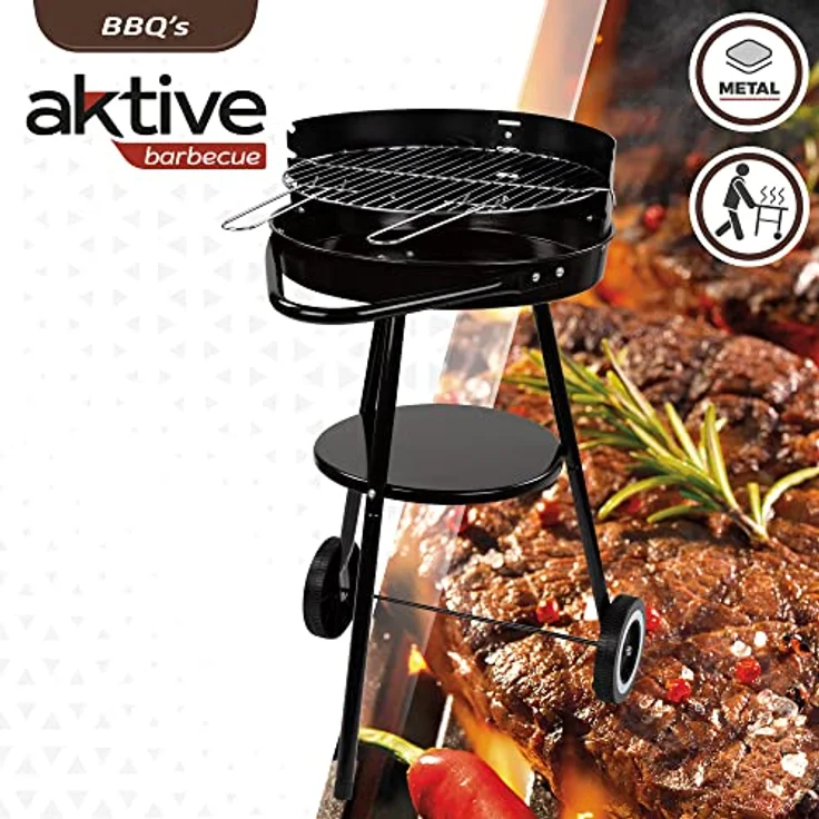 Tragbarer Holzkohlegrill Aktive Ø 42 x 74 cm rund | 3 höhenverstellbar | 2 Rollen für einfachen Transport | Schnelle und einfache Montage | Grillrost mit zwei abnehmbaren Griffen – Bild 2