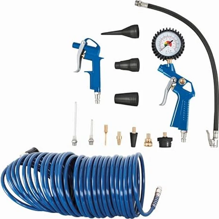 Scheppach Kompressor Zubehörset | Reifenfüllmessgerät mit Manometer - Blaspistole - 10m Schlauch mit Schnellkupplung | 14 Teile Druckluft Kompressor Zubehör – Bild 2