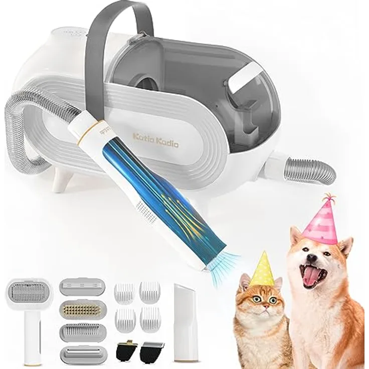 Katio Kadio Hundeschermaschine mit Tierhaar Staubsauger, Profi Haustierpflegeset Super Saugkraft 2L Staubbehälter,Lieferung mit 8 Tierpflegewerkzeugen,grau