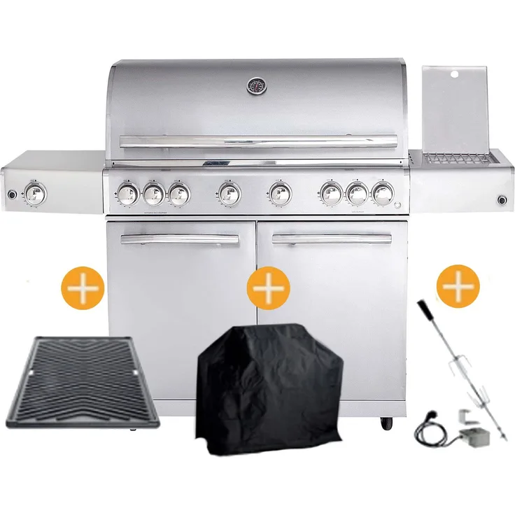 ALL'GRILL Gasgrill CHEF Paket XL1 Silver 6 Brenner Backburner Seitenkocher GRATIS Zubehör