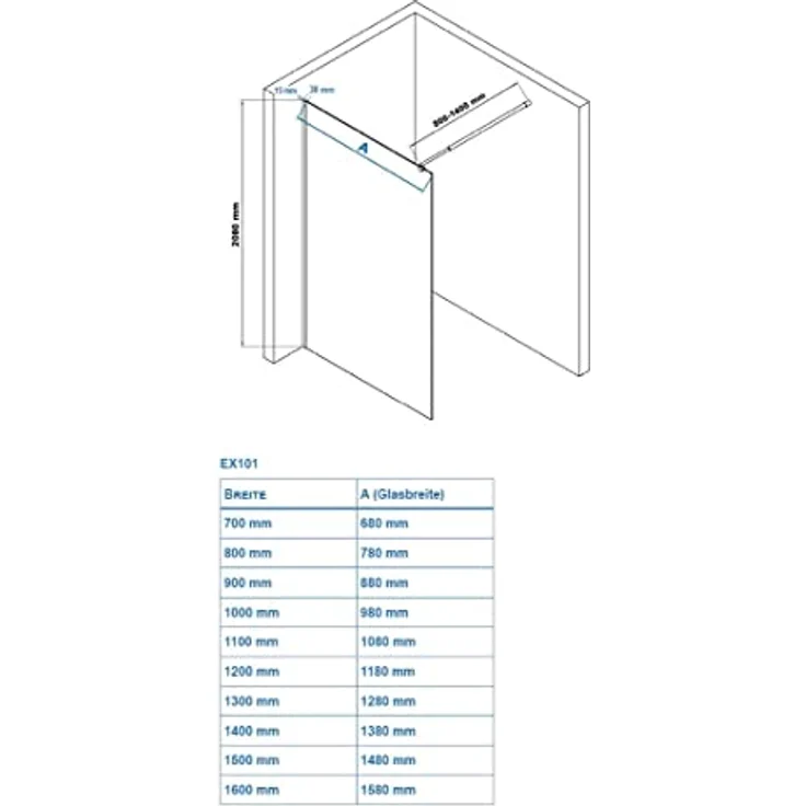 Bernstein Duschabtrennung Walk-In EX101, 10mm Echtglas mit Milchglas-Streifen, Chrom-Wandprofil, 160cm, Nano-Beschichtung – Bild 5