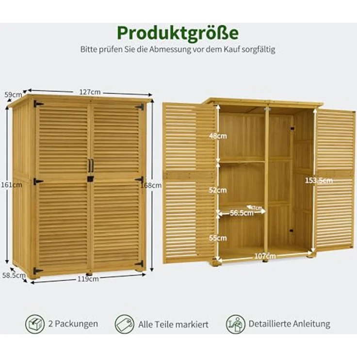 M MCombo Gartenschrank Holz 0901D-F, Wetterfestes Gartenhaus Klein für Outdoor, 2 Abteile, abschließbar, 59×127×168 cm, Natur – Bild 3