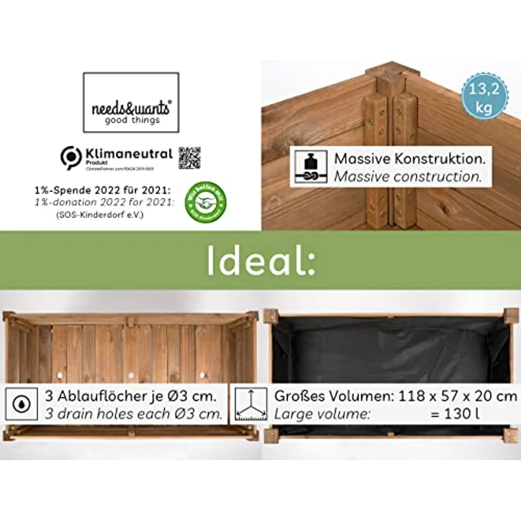 needs&wants® Großes Hochbeet aus Holz für Garten Balkon Terrasse, Pflanzkasten Bausatz XL rechteckig schmal mit Vlies-Folie, Kräuterbeet Pflanzenkasten deko, 125 x 64 x 75 cm, dunkel-braun – Bild 2