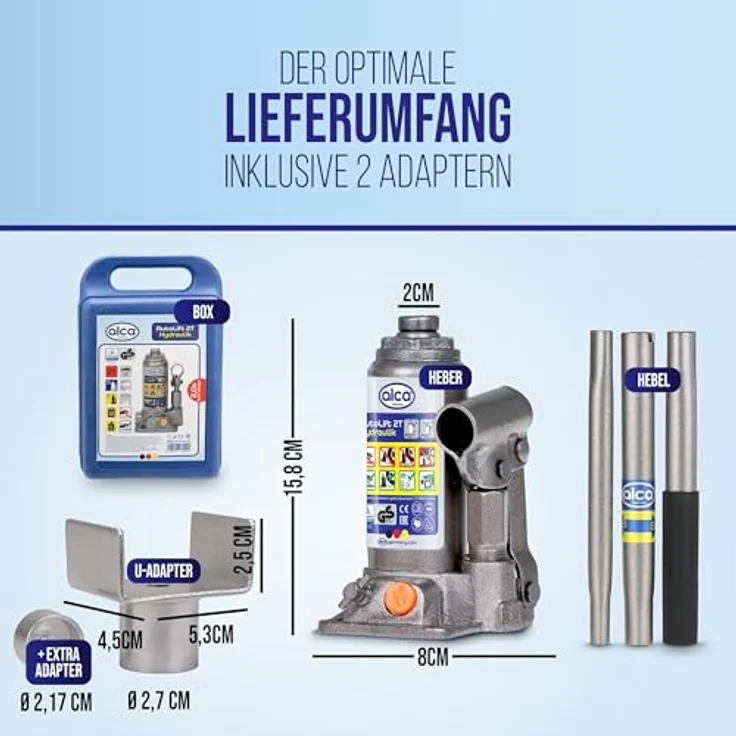 alca® Hydraulischer Wagenheber 2t im Koffer mit U-Adapter, Stempelwagenheber aus Stahl, Hubhöhe 158–308 mm, silber-grau, für PKW SUV Caravan, Unterstellheber für schwierige Hebepunkte – Bild 4