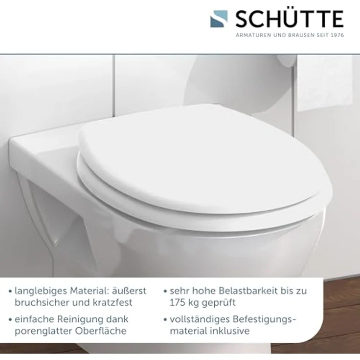 Schütte WC-Sitz Duroplast Weiß, bruchsicher und kratzfest, mit pflegeleichter Oberfläche, O-Form, für handelsübliche WCs – Bild 2
