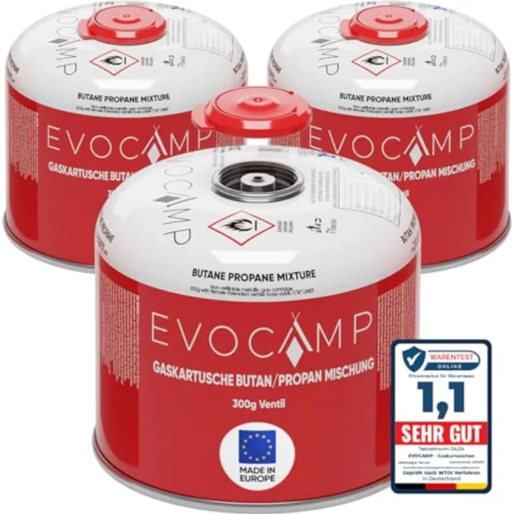 EVOCAMP 3x Propan Butan Gaskartuschen 300g mit Schraubventil Eurogewinde 7/16", Sicherheits-Verschlussautomatik, kompatibel mit Weber Q100/1200-Serien