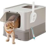 Feandrea Katzenklo, Katzentoilette, mit Deckel, ausziehbares Tablett, Schaufel, Bürste, geräumig für Katzen bis 15 kg, weniger Spuren, auslaufsicherer Boden, haferflockenfarben-warmgrau PPT001G01