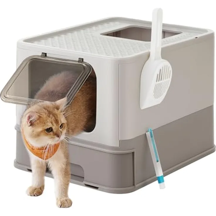 Feandrea Katzenklo, Katzentoilette, mit Deckel, ausziehbares Tablett, Schaufel, Bürste, geräumig für Katzen bis 15 kg, weniger Spuren, auslaufsicherer Boden, haferflockenfarben-warmgrau PPT001G01
