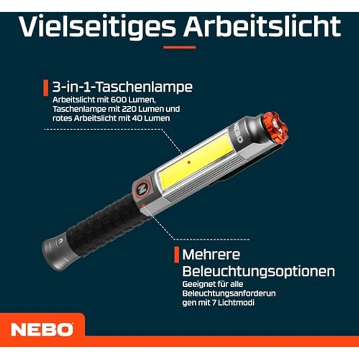 NEBO Big Larry 3, 600 Lumen LED-Taschenlampe mit COB-Arbeitslicht, dimmbar, Stahlgrau, Magnetfuß und Clip für freihändiges Leuchten – Bild 3