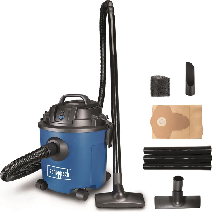 Scheppach Nass- und Trockensauger SP16VAC SE | 20 kPa Absaugleistung | 16 L Behältervolumen | 1200 W Motorleistung | 1,8 m feuerfester Schlauch, blau