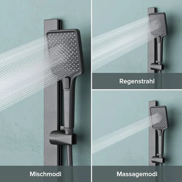 doporro Duschsystem10, Duscharmatur mit Regendusche und 3 Strahlarten, höhenverstellbare Aluminium Duschstange, grau – Bild 4