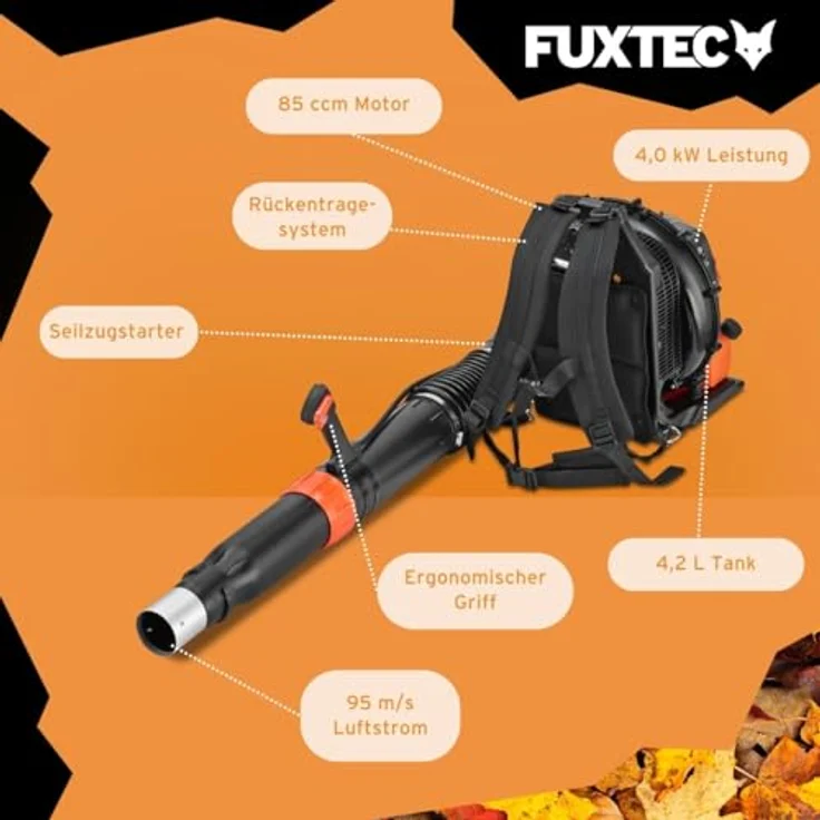 FUXTEC FX-LBP185TPRO, Rückentragbarer Benzin Laubbläser mit 85 cm³ Motor, 4,0 kW Leistung und 95 m/s Luftgeschwindigkeit – Bild 3