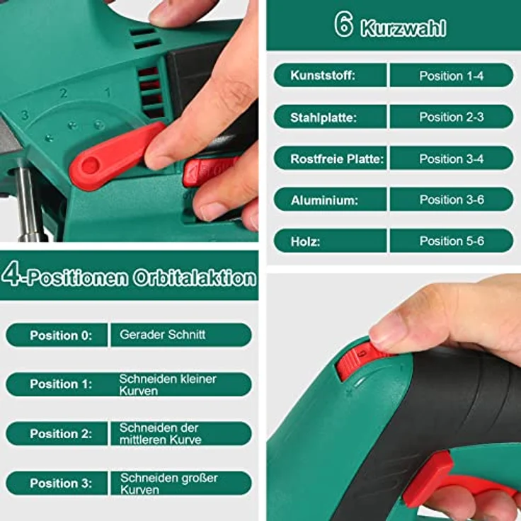 HYCHIKA BETTER TOOLS FOR BETTER LIFE Stichsäge, 800W Max Holz Schnitttiefe 110mm, 800-3000SPM HYCHIKA Elektrische Stichsäge mit Laser, 6 Blätter, Fasenschneiden: -45 °bis 45° – Bild 4