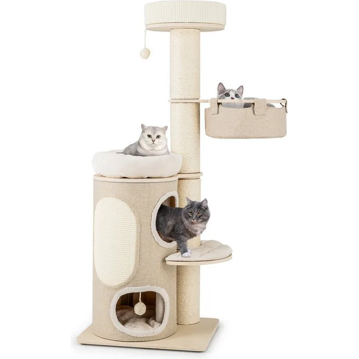 COSTWAY Kratzbaum, mit Kratztonne, Hängematte, abnehmbarem Bett, Natur