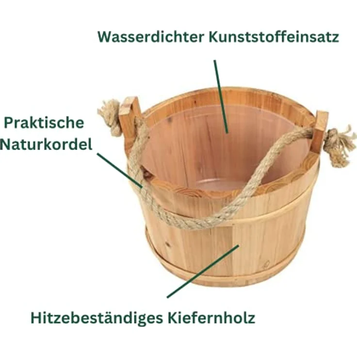 Croll & Denecke Saunakübel aus Kiefernholz, Durchmesser 28 cm, mit wasserdichtem Kunststoffeinsatz und Naturkordel, 3 Liter Fassungsvermögen – Bild 5