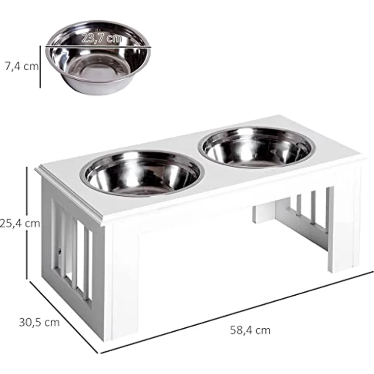 PawHut Erhöhter Hundenapf, Futternapf, Edelstahlnäpfen, Haustier Fressnapf, MDF, Weiß, 58,4 x 30,5 x 25,4 cm – Bild 3