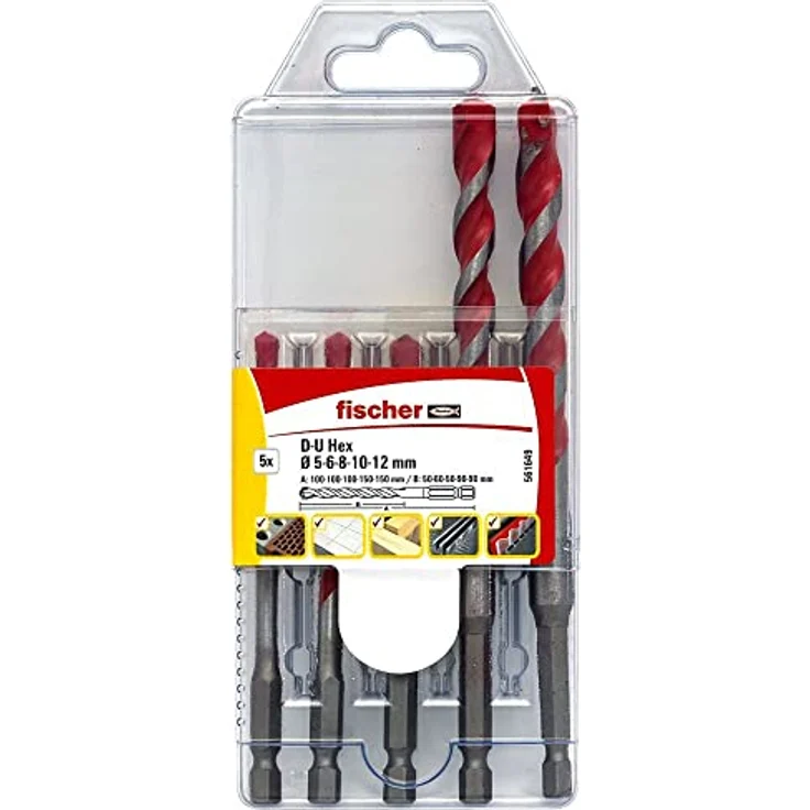 fischer Universalbohrer Set, 5 - 12 mm Durchmesser, Aufsätze für Bohrmaschinen, Bohrerset mit verschiedenen Größen, Verschleißfester Bohrer zum Bohren in unterschiedliche Materialen, 5er Pack – Bild 1
