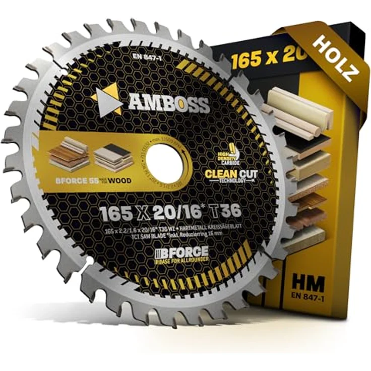 Amboss Werkzeuge HM Kreissägeblatt 165x20 16 Z36 Wechselzahn für Holz - Feinschnitt, Ø 165mm +Reduzierring 16 20mm, passend für Metabo KS1157S, MagnumTK1256, KS1155S - Amboss-Qualität für professionelle Holzbearbeitung – Bild 1