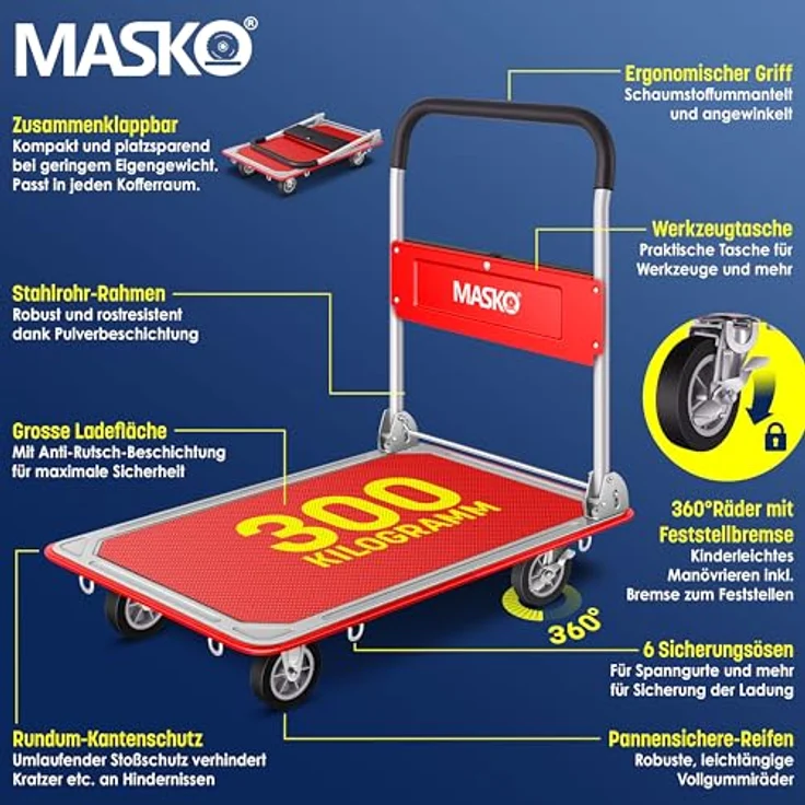 MASKO Klappbarer Plattformwagen, Transportwagen mit robustem Stahlrahmen, 150 Kg Tragkraft inklusive Arbeitshandschuhe – Bild 2
