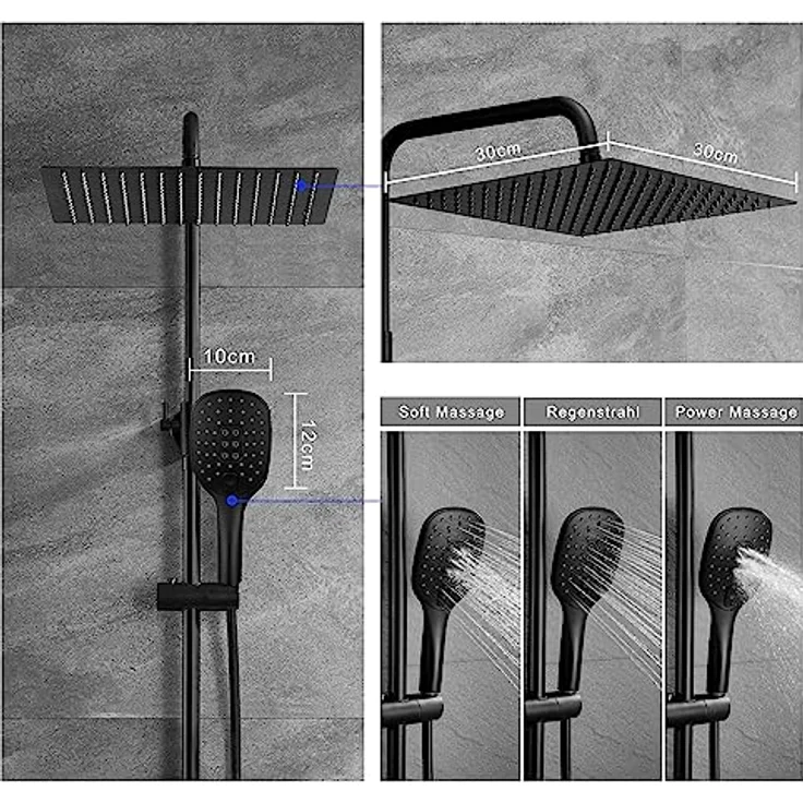 JOHO Edelstahl Duschsystem, Regendusche Duschset mit 30x30 cm Kopfbrause, wassersparend, Thermostat in Schwarz – Bild 4