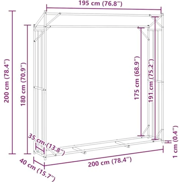 vidaXL Brennholzregal mit Regenschutz, 200x40x200 cm, verzinkter Stahl, großes Fassungsvermögen, erhöhtes Design, wetterfest – Bild 4