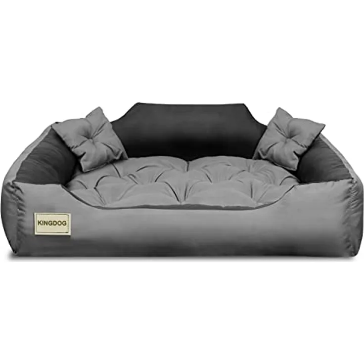 KingDog Hunde- und Katzenbett aus Mikrofaser mit Zwei Kissen Hundekissen Hundekorb Haustierbett Waschbar Wasserdichtes Material (Innenmaße: 100x80cm / Außenmaße: 115x95cm, Grau/schwarz)