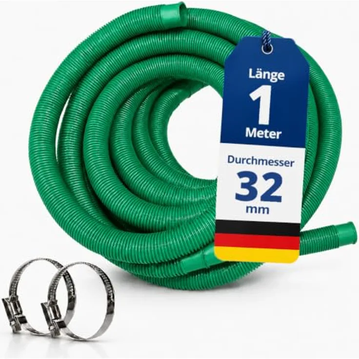 HAF Poolschlauch Ø 32mm, 1 Meter, flexibler Schwimmbadschlauch aus PVC, grün, inkl. 2 Edelstahl-Schlauchschellen (25-40mm), Made in Germany
